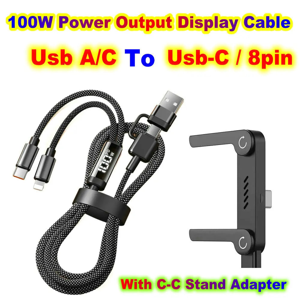 Cable de carga plegable de 2 m con soporte integrado, carga rápida, cable largo para teléfono y tableta, cable de datos ultrarrápido de 240 W, soporte para teléfono.